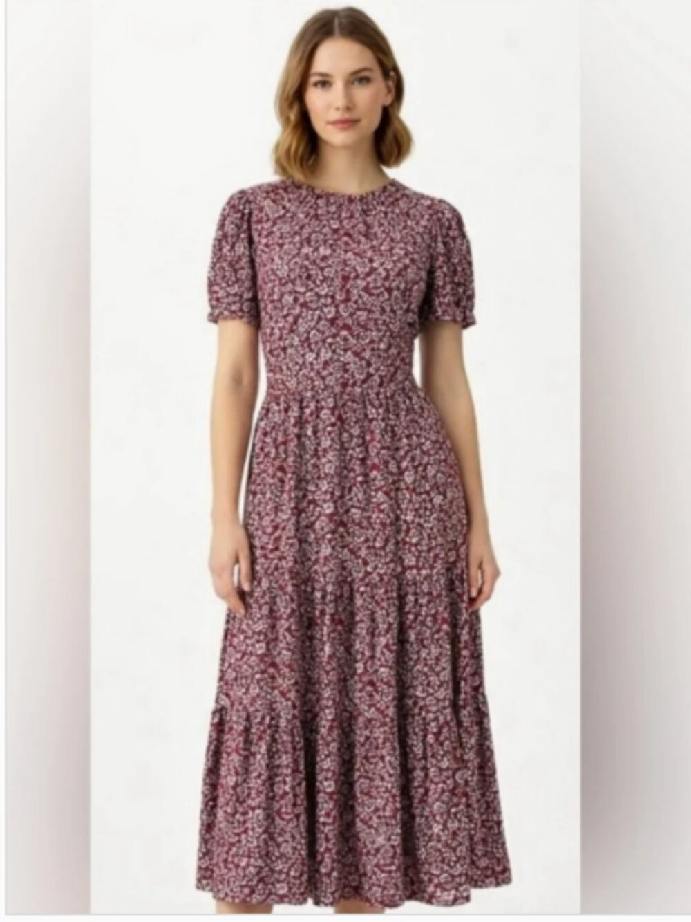 J. Crew Burgundy Red Floral Tiered Midi Dress Puff Sleeves Pockets size 2X